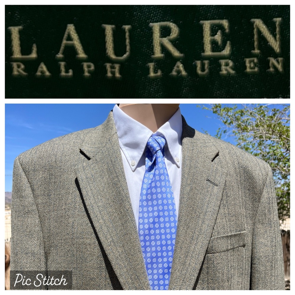 Lauren Ralph Lauren Blazer Mens 44L Tan Herringbone Wool Sport Coat Jacket